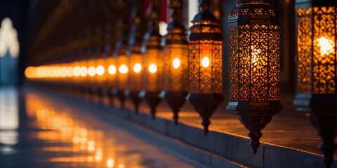 Illuminated lanterns, a row of warm light.