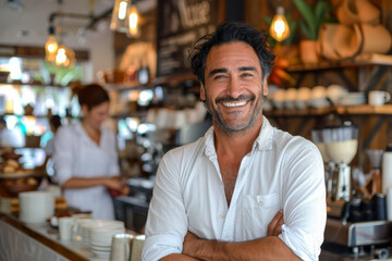 Friendly Cafe Owner Welcoming Guests - obrazy, fototapety, plakaty