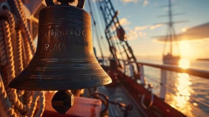 Fototapeta premium Close-up of a ship's bell at sunset with blurred nautical backdrop