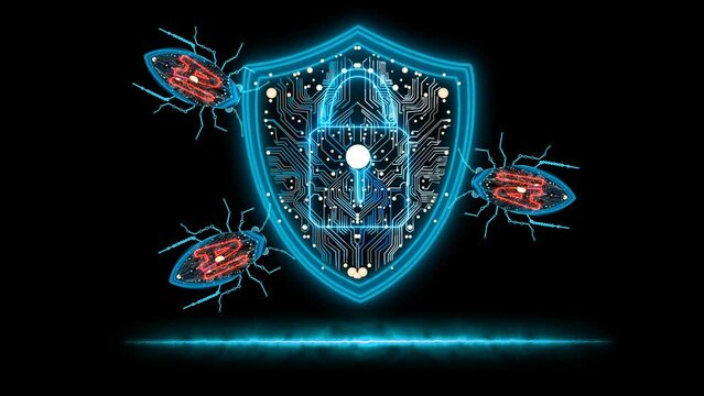 Shield hologram security lock protection bug anti hack to verify and identify technology on blue Fire effect line on the black screen