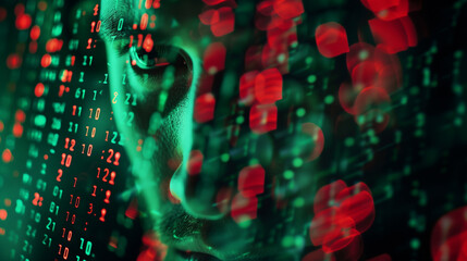 firewall interface, vibrant lines of code defending against incoming virus attacks represented by red glowing dots. The screen's reflection shows a user's determined face, Generative AI