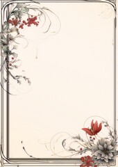 ornate detailed pencil drawing of red and grey flowers with vines on cream background in art nouveau style