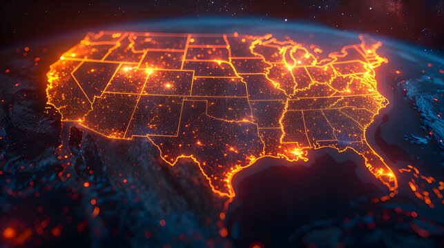A digital map of the United States displaying illuminated connections, symbolizing nationwide communication and data networks - Powered by Adobe