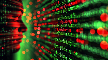 firewall interface, vibrant lines of code defending against incoming virus attacks represented by red glowing dots. The screen's reflection shows a user's determined face, Generative AI