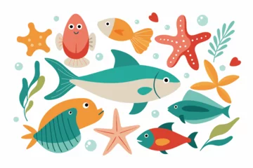 Crédence de cuisine en verre imprimé Vie marine Set of assorted  fish, starfish, algae and eel minimal flat illustration , on white background