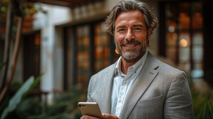 Smartly dressed man exudes confidence, smiling while holding a phone outside an office building