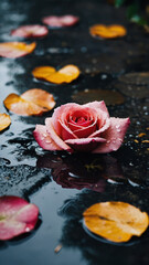 Flowers lies in a dirty puddle on the road after the rain AI created