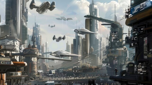 A futuristic city with many spaceships flying around