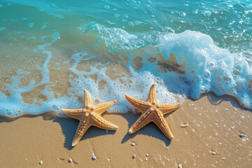 Fototapeta na wymiar Twin Starfish on Sunny Beach Shores with Gentle Waves