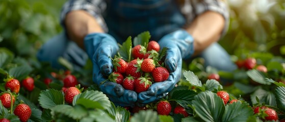 Harvesting strawberries from a plant in a garden. Concept Gardening, Harvesting, Strawberries, Fruits, Nature - obrazy, fototapety, plakaty