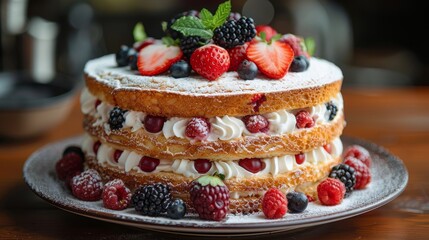 Triple Layer Cake With Berries and Whipped Cream