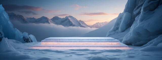 Icy platform amidst snowy mountains at dusk - obrazy, fototapety, plakaty