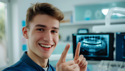 young man with implanted teeth on a blurred background of a dental office points to an image of an implant