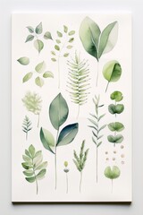Watercolor painting of various green leaves and plants on a white background.