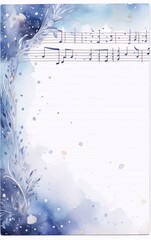 Watercolor winter floral frame with snowflakes and sheet music, blue and white, botanical, art nouveau, interior,