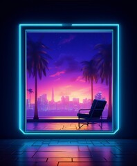 Synthwave style illustration of a retro futuristic cityscape with neon lights and a lonely chair