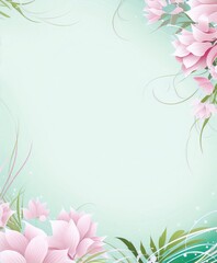 Pink and green flowers with green leaves on a pale green background in a classic art style.