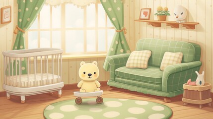 Cute cartoon bear on scooter in cozy living room with sofa, crib, polka dot curtains and green walls in soft pastel colors, digital art