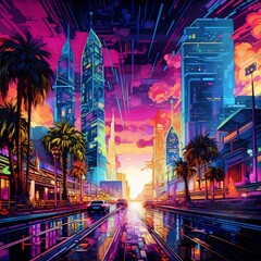 Retro futurism city street with skyscrapers and palm trees in the sunset, in an impressionist style with vibrant colors