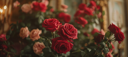 Elegant Red Roses with Dew in Luxurious Vintage Room