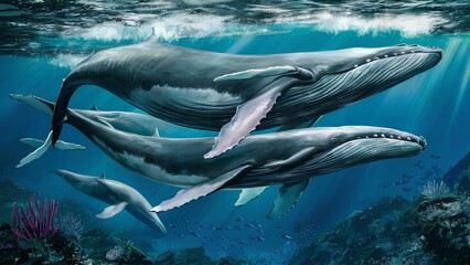 An expansive view of a pod of whales swimming gracefully in the ocean