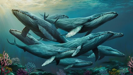 An expansive view of a pod of whales swimming gracefully in the ocean - obrazy, fototapety, plakaty