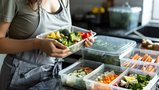 Woman packing fresh meal into lunch box in kitchen