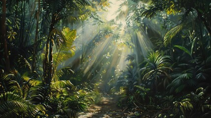 Sunlight filtering through the dense foliage of a tropical rainforest, creating a mosaic of light and shadow on the forest floor.