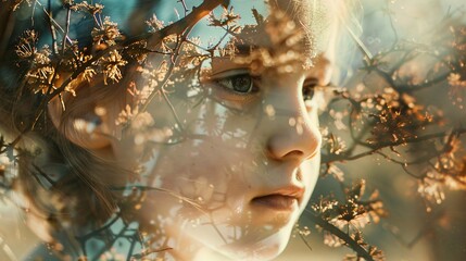 Double exposure of little girl and nature