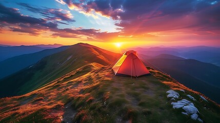 a breathtaking scene of a tent pitched on the highest point of a mountain, surrounded by the vibrant hues of a sunset attractive look - obrazy, fototapety, plakaty