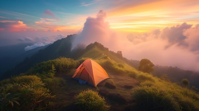 a breathtaking scene of a tent pitched on the highest point of a mountain, surrounded by the vibrant hues of a sunset attractive look