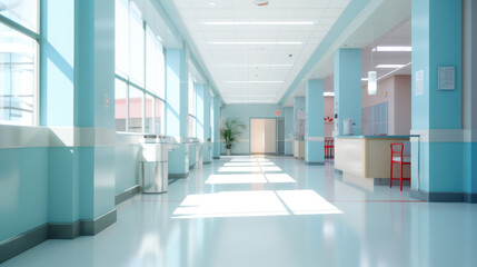 Modern interior science hospital lab corridor with lighting. Long hospital bright reception corridor with rooms and seats. Nobody. Empty blank space.  - obrazy, fototapety, plakaty