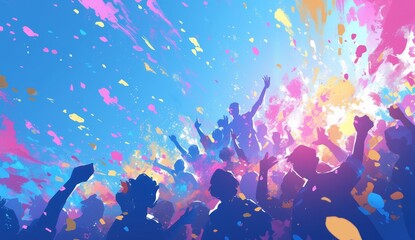 A vibrant digital illustration capturing the essence of Holi, with people joyfully throwing colorful powder and dancing in celebration. - obrazy, fototapety, plakaty