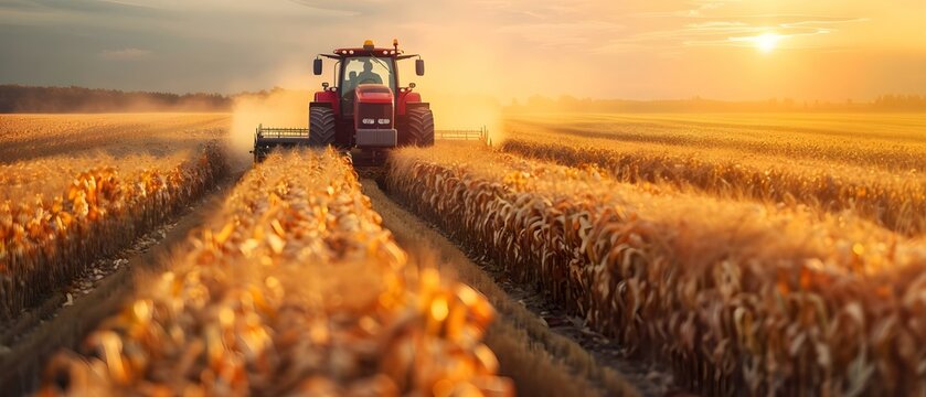 Soybean and corn plantation with tractor harvesting for farming operations. Concept Farming Operations, Soybean Harvesting, Corn Plantation, Tractor Machinery, Agriculture Practices