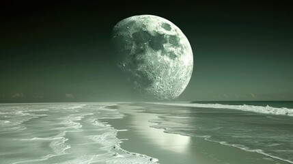 A full moon rises above the ocean on a beach, casting a silvery glow on the water