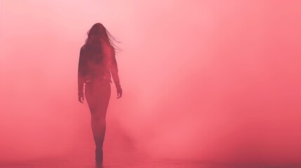 A woman stands in fog facing away from the camera