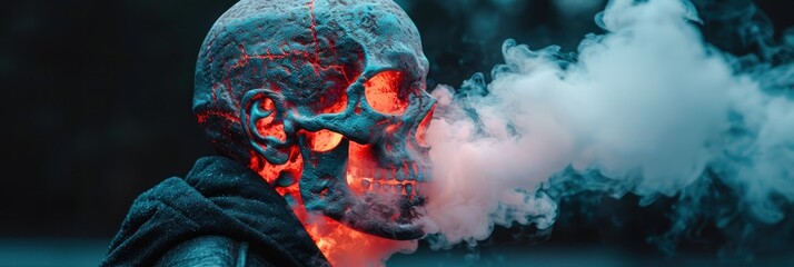A man with a skull face exhales smoke