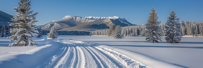 Snowy road surrounded by trees with mountain backdrop