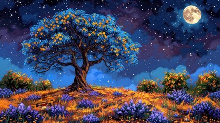 A painting of a tree standing tall in the center of a vast field