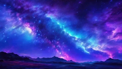 Raamstickers Beautiful fantasy starry night sky, blue and purple colorful, galaxy and aurora 4k wallpaper © Reazy Studio