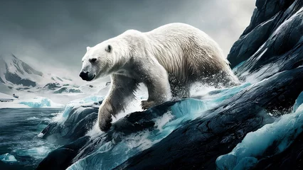 Foto op Aluminium A realistic depiction of a polar bear navigating through icy Arctic terrain © samir