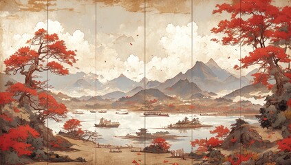 A painting of an ancient Japanese landscape, depicting mountains and trees with red leaves in the foreground.