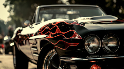 A vintage black car boasting a striking flame paint job on the hood captures the essence of classic automobile culture. - obrazy, fototapety, plakaty