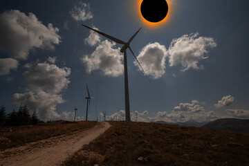 Total eclipse solar turbines in a wind farm or wind farm located in the mountains of Europe allows...