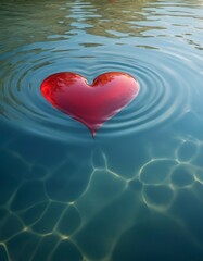 A vibrant red heart shape floats on a tranquil water surface, casting ripples under a soft light, invoking a sense of romance and serenity.