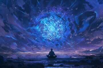 A person meditating in the center of an infinite portal, surrounded by swirling energy and light waves; dark background with glowing blue accents 