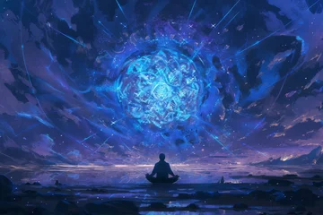 Foto op Canvas A person meditating in the center of an infinite portal, surrounded by swirling energy and light waves  dark background with glowing blue accents  © Photo And Art Panda
