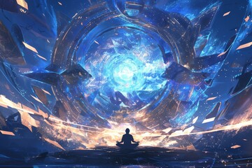 A person meditating in the center of an infinite portal, surrounded by swirling energy and light waves; dark background with glowing blue accents  - obrazy, fototapety, plakaty