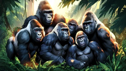 Fotobehang An illustration of a group of gorillas in their natural habitat © samir