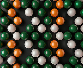 Colorful green, orange and white spheres are arranged in an artistic pattern on a black background
